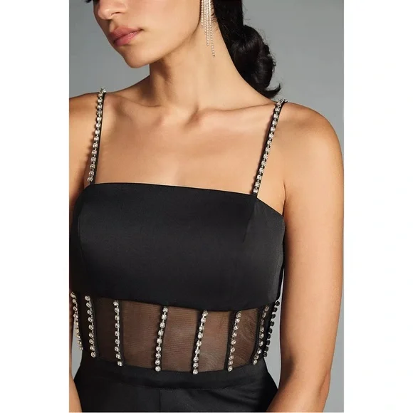 NWT Ieena‎ for Mac Duggal x Anthropologie Cutout Crystal Wide-Leg Jumpsuit Black